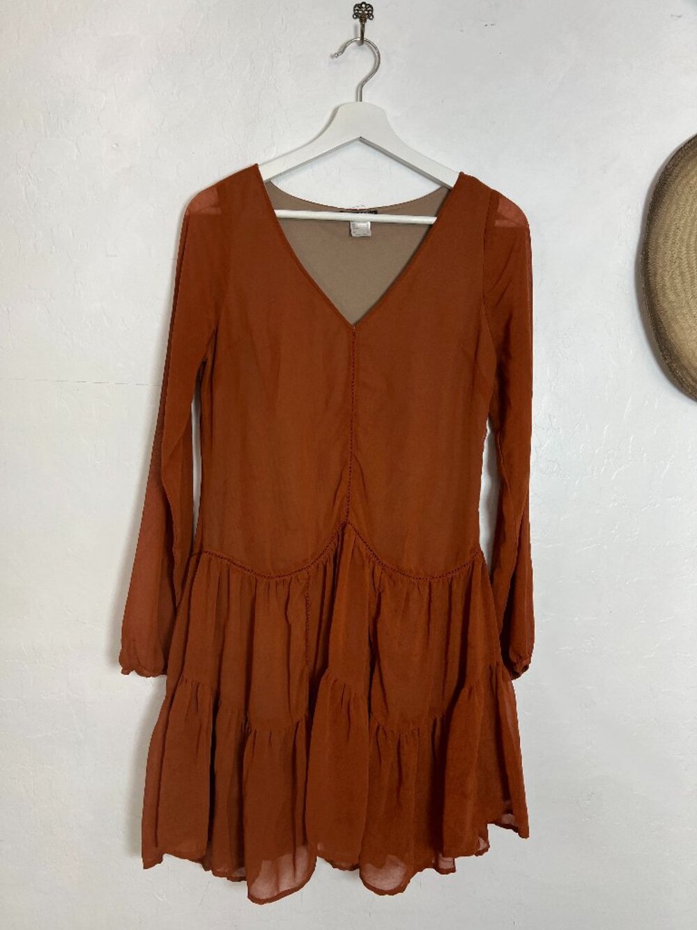 Venus Burnt Orange Tiered Babydoll Dress 6 Rust Chiffon Long Sleeve Boho Mini